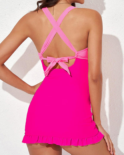 Deep V Cross-Back Ruched One-Piece Swimsuit