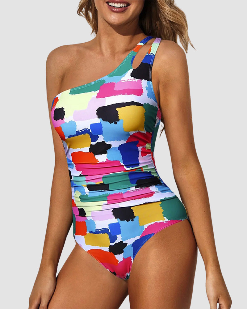 One Shoulder Tummy Control Patterned Back One Piece Swimsuit