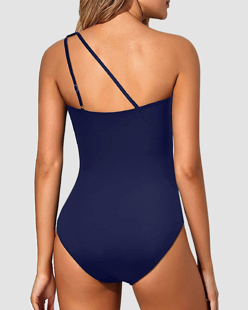 One Shoulder Tummy Control Patterned Back One Piece Swimsuit