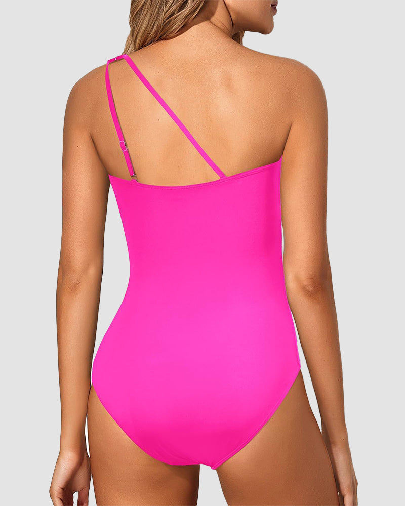 One Shoulder Tummy Control Patterned Back One Piece Swimsuit