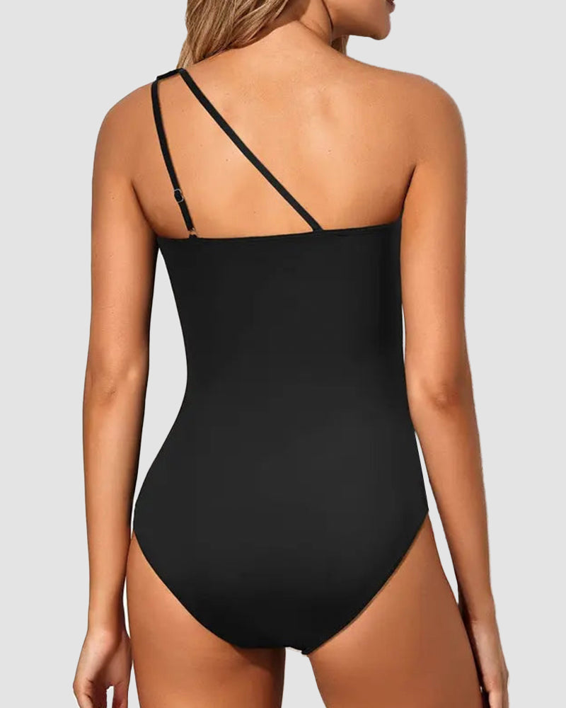 One Shoulder Tummy Control Patterned Back One Piece Swimsuit