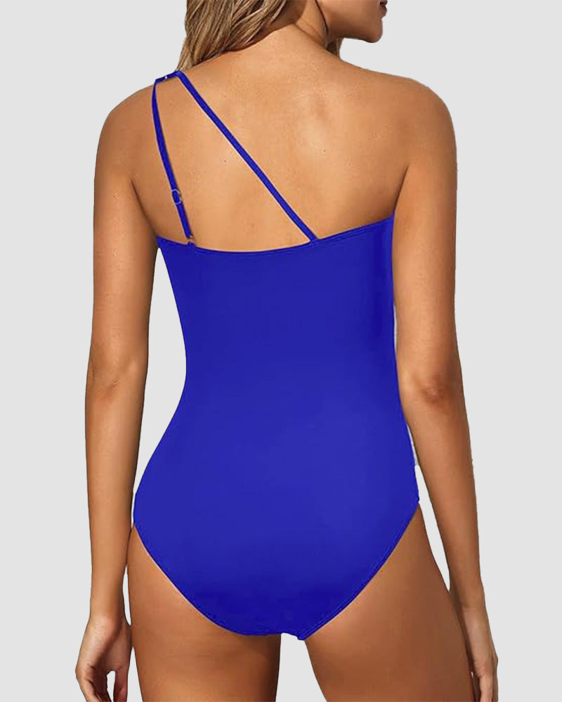 One Shoulder Tummy Control Patterned Back One Piece Swimsuit