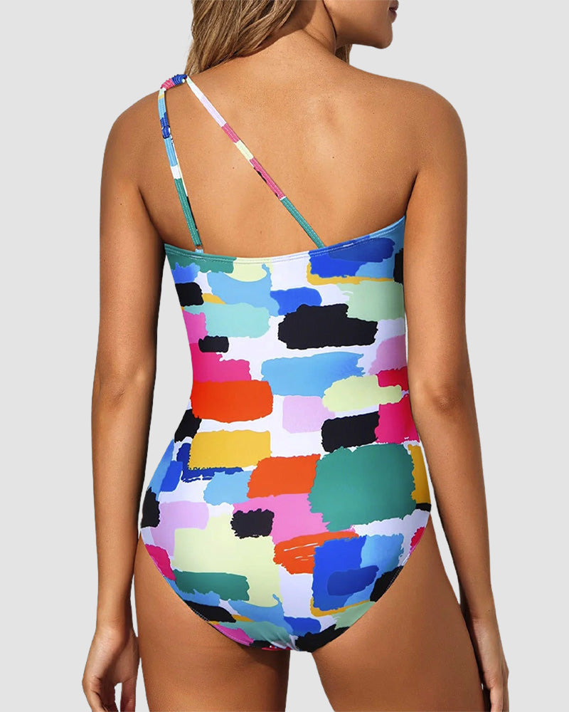 One Shoulder Tummy Control Patterned Back One Piece Swimsuit