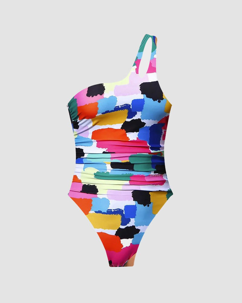 One Shoulder Tummy Control Patterned Back One Piece Swimsuit