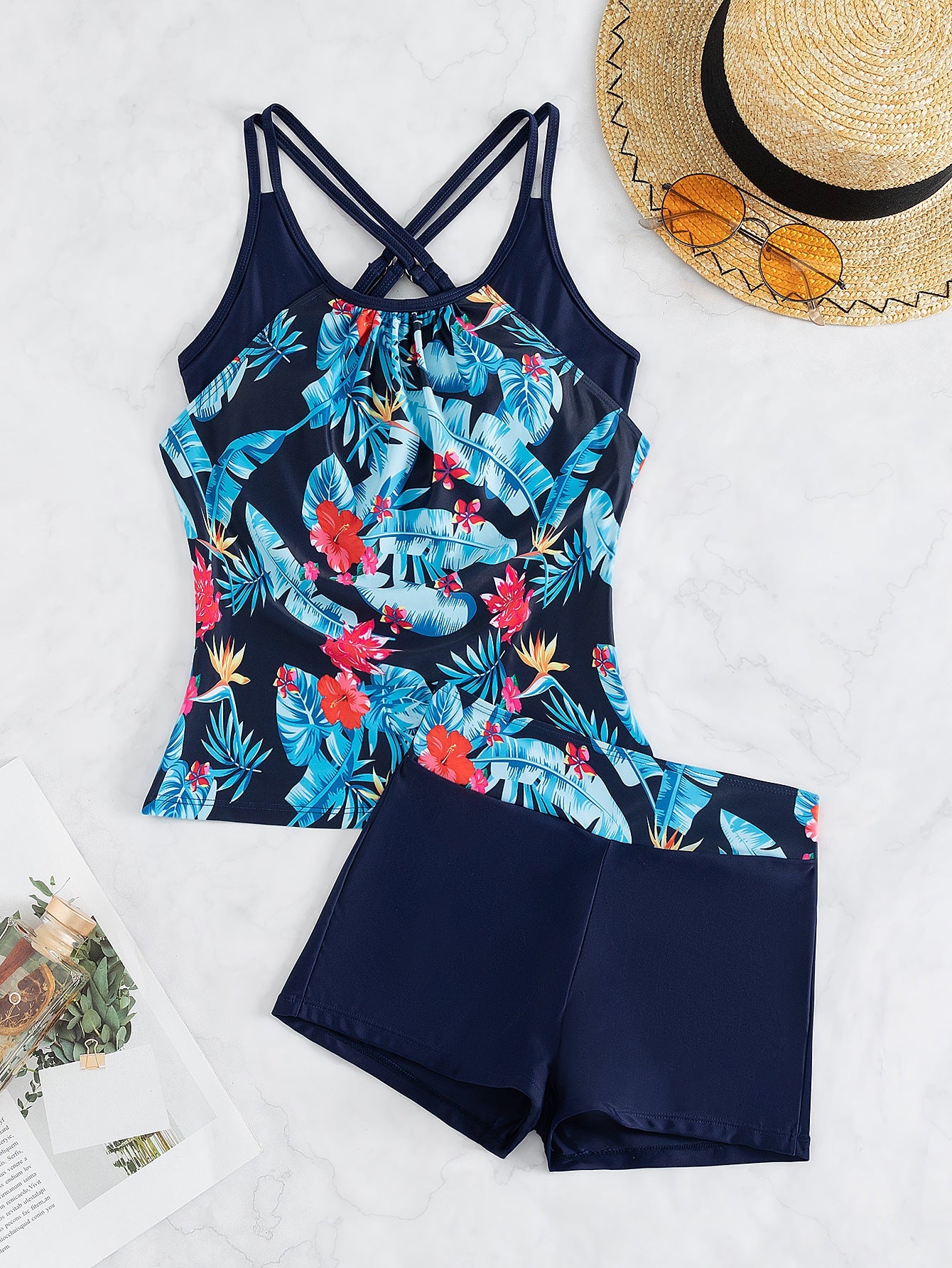 Tankini Swimsuits Tummy Control Two Piece Blouson Bathing Suit